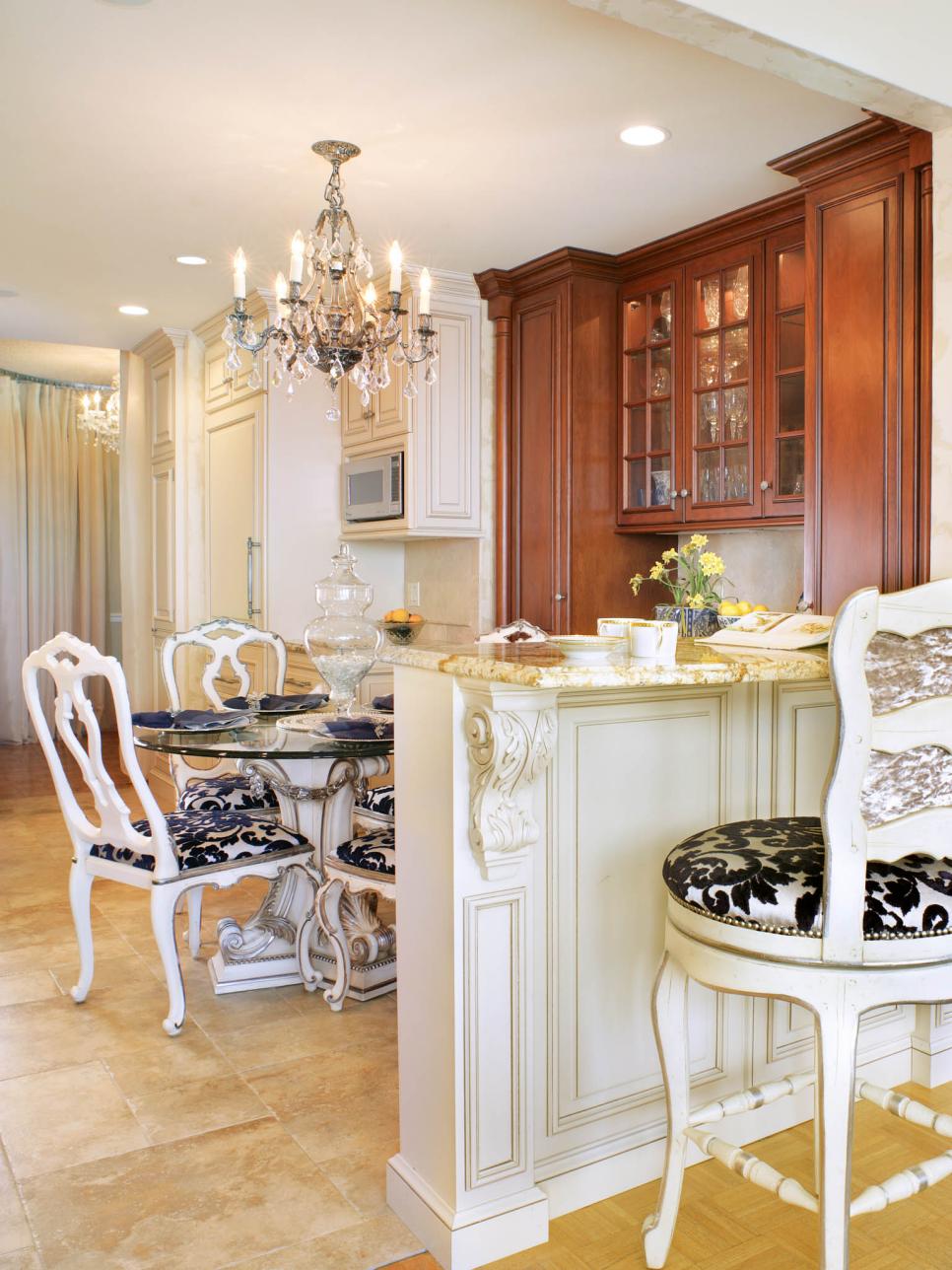 White Traditional Kitchen with Ornate Bar HGTV