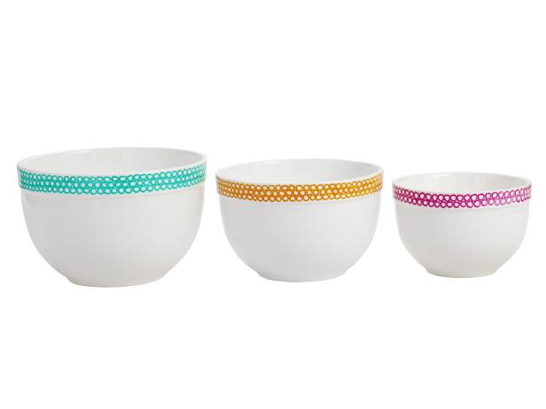 White Mixing Bowls With Colorful Borders