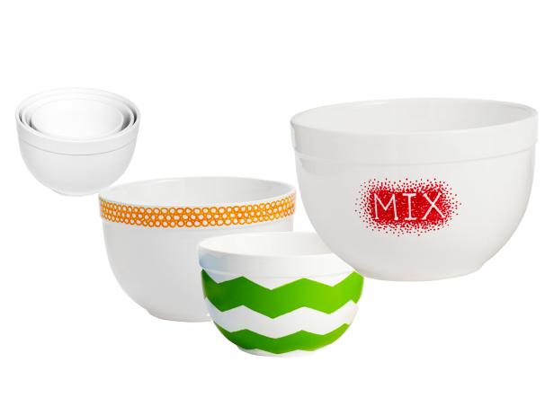 White Mixing Bowls Decorated With Colorful Paint