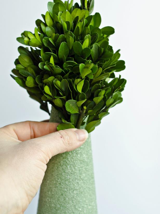 For a cone-shaped topiary, create 4-5 bunches of boxwood sprigs by gathering 3-4 individual sprigs and bundling them together with a length of florist wire. Tuck bunches into top of form.