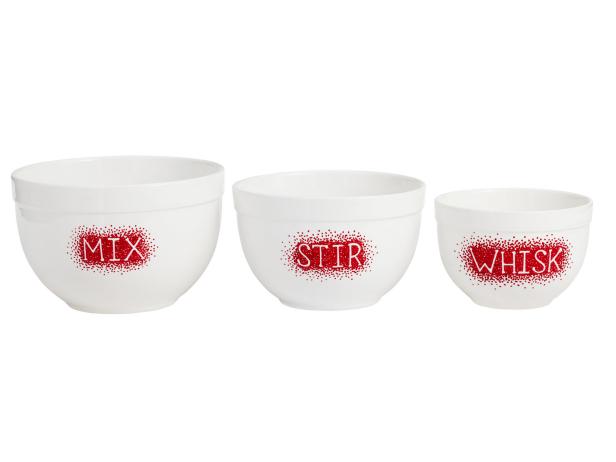 White Nesting Bowls With Words Stenciled in Red Paint
