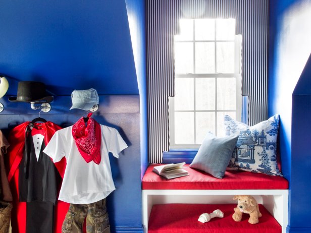 Red and White Window Seat in Boy's Blue Bedroom