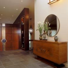 Contemporary Geometric Entryway with Wood Paneling