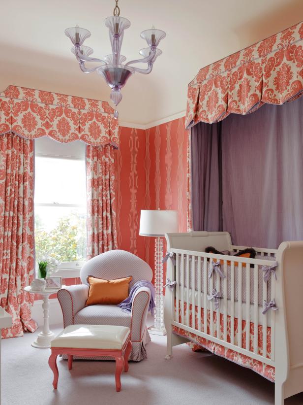 Coral Damask Drapes and Crib Canopy in Girl's Nursery