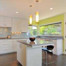 White Contemporary Kitchen With Yellow Accent Wall
