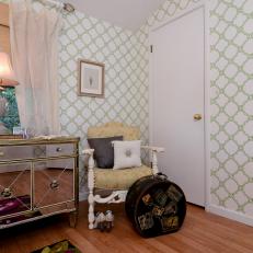 Eclectic Bedroom With Green Trellis Wallpaper