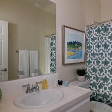 Neutral Traditional Bathroom With Trellis-Pattern Shower Curtain