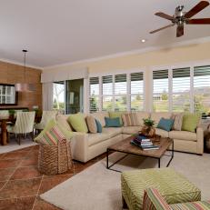 Tropical-Style Family Room With Pastel Accents