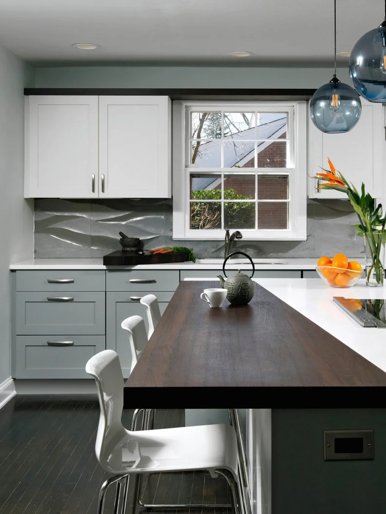 Contemporary White and Gray Kitchen With Island Contemporary Kitchen with White Cabinetry and Dark Wood Floors