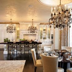 Gold Transitional Kitchen With Glamorous Chandelier Lights