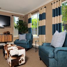 Neutral Transitional Living Room with Masculine Blue Chairs 