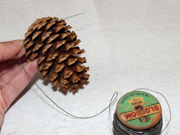 Use wire cutter to cut a 10-12 inch piece of multipurpose wire for each pinecone you want to glitter. Weave wire through the last row of pinecone's scales