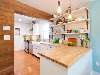 White Cottage Kitchen With Open Shelves & Butcher Block Countertops