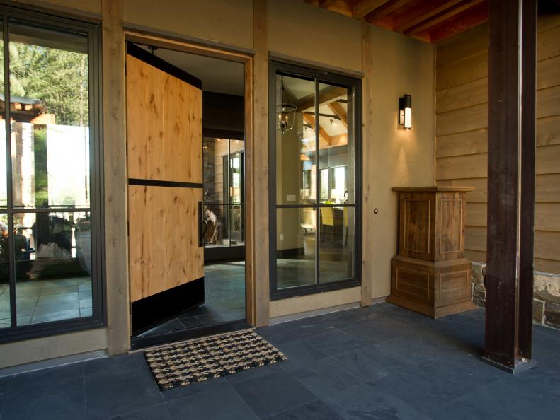 Rustic Modern Front Porch With Pine Door 