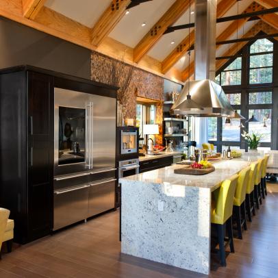Contemporary Kitchen With Granite Waterfall Island