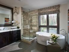 Neutral Contemporary Master Bathroom With Soaking Tub and Shower 