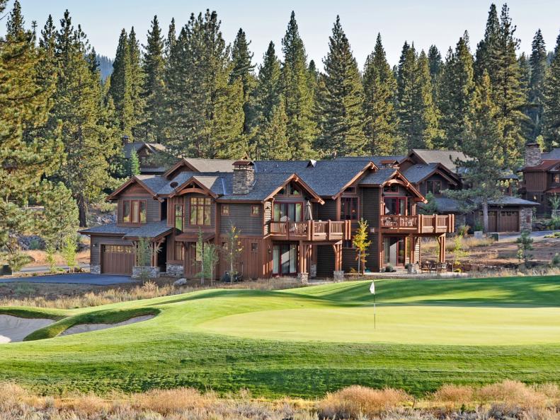 Exterior of Rustic Home Overlooking Golf Course and Evergreens