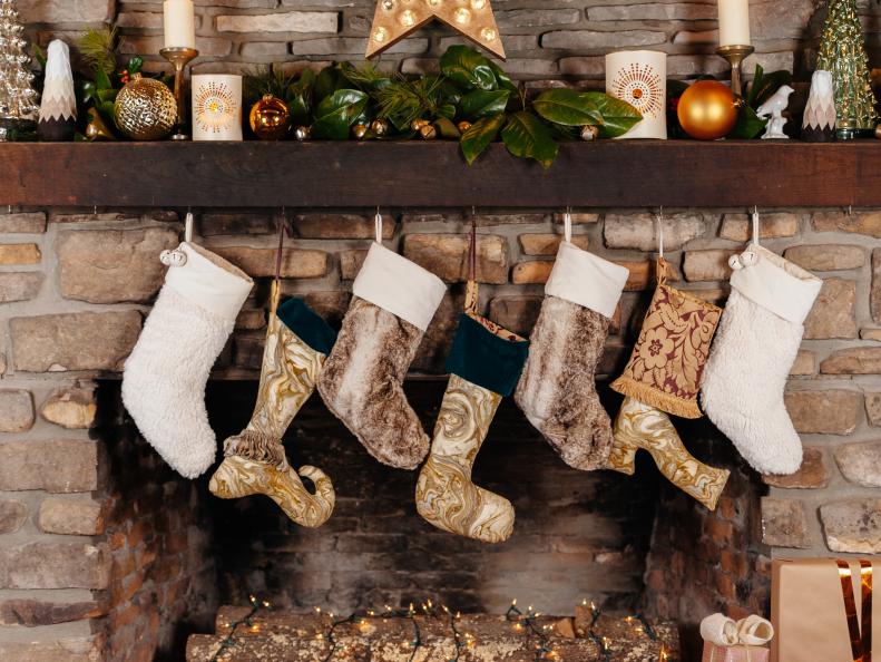 Stone Fireplace and Wood Mantel With Christmasl Stockings