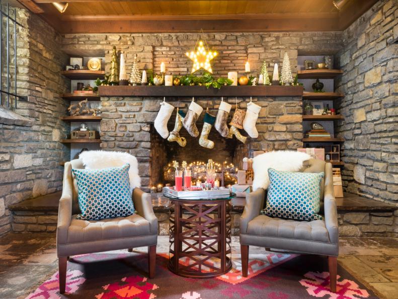 Rustic Living Room with Christmas Stockings and Decorations