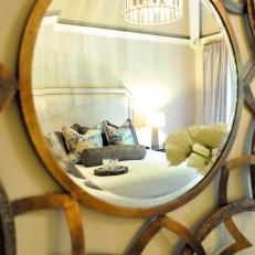 Gold Vintage Mirror Reflects Transitional Bedroom