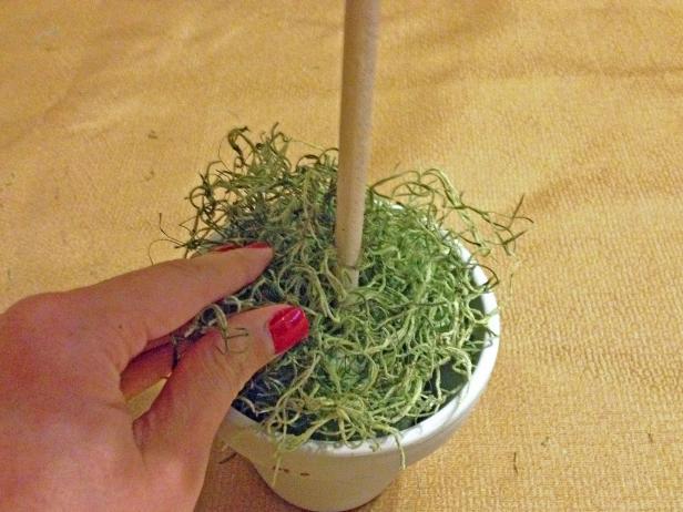 Add Spanish moss to a small pot to make a topiary for the holidays.