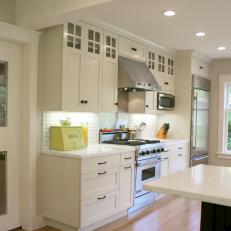 White Transitional Kitchen With Pocket Door
