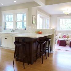 Open Plan White Transitional Kitchen With Dark-Stained Peninsula
