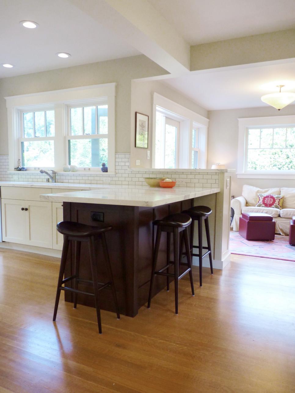 Open Plan White Transitional Kitchen With Dark-Stained Peninsula | HGTV