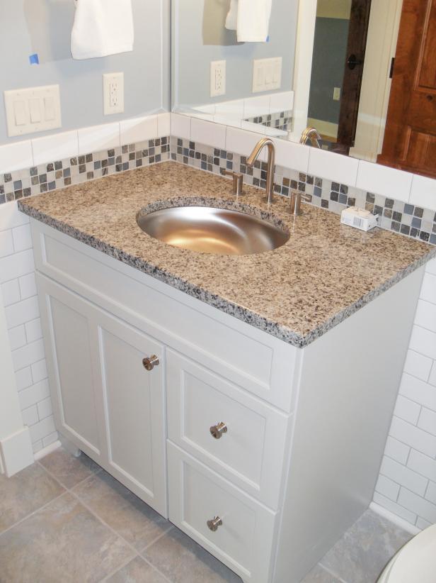 Transitional White Bathroom With Glass Tile Backsplash - Bathroom Vanity Glass Tile Backsplash