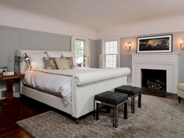 Discovery Channel Shows >> Pale Gray Transitional Bedroom With White Brick Fireplace ... Discovery Channel Shows >> Pale Gray Transitional Bedroom With White Brick Fireplace ...