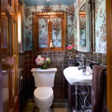 Traditional Powder Room With Brown-and-Blue Wallpaper