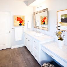 Bright White Transitional Bathroom with Marble Countertops