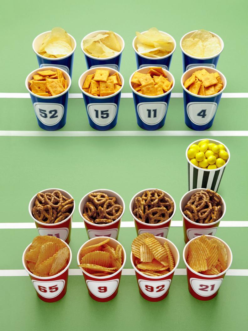 Party cups filled with snacks for Super Bowl party