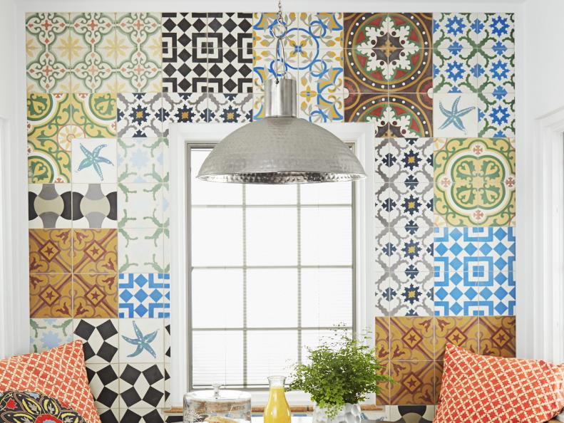 Cement wall tiles with Cuban influences on a kitchen wall. 