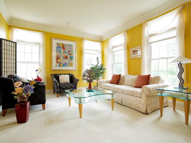 Contemporary Yellow Living Room With Mod Furnishings