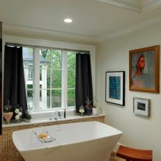 White Contemporary Bathroom With Soaking Tub and Amber Onyx Flooring