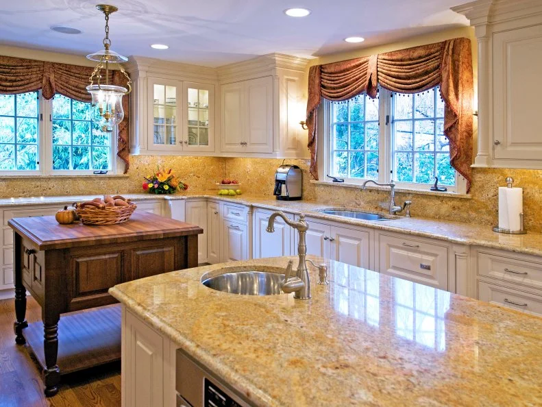 Neutral Traditional Kitchen With Wood Island Neutral Traditional Kitchen With Butcher Block and Granite Countertops