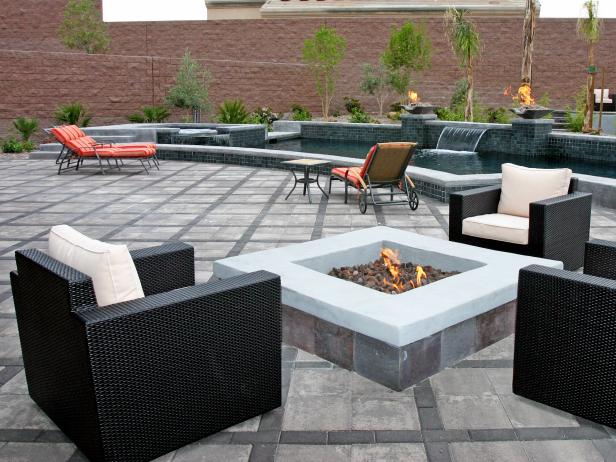 Modern Patio With Stone Firepit And Tiled Water Feature Hgtv