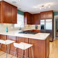 Turquoise Transitional Kitchen With Wooden Cabinetry 