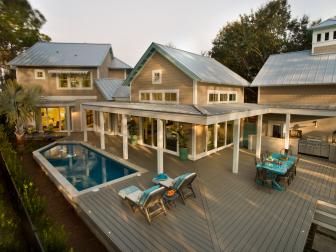 Beige Deck With Covered Porch, Dining Area, Outdoor Kitchen and Pool