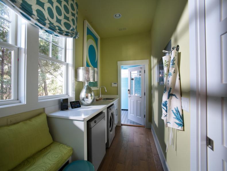 Contemporary Blue and Green Laundry Room With Folding Counter