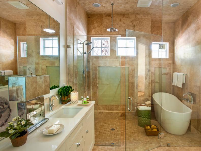 Transitional Bathroom With Glass Shower and White Bathtub