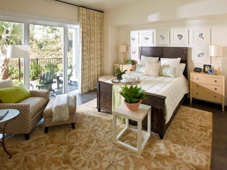 White Bedroom With Brown and White Rug, Curtains and Neutral Chair