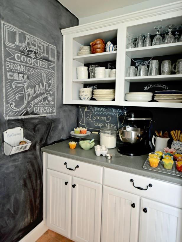 Kitchen with chalkboard wall and backsplash