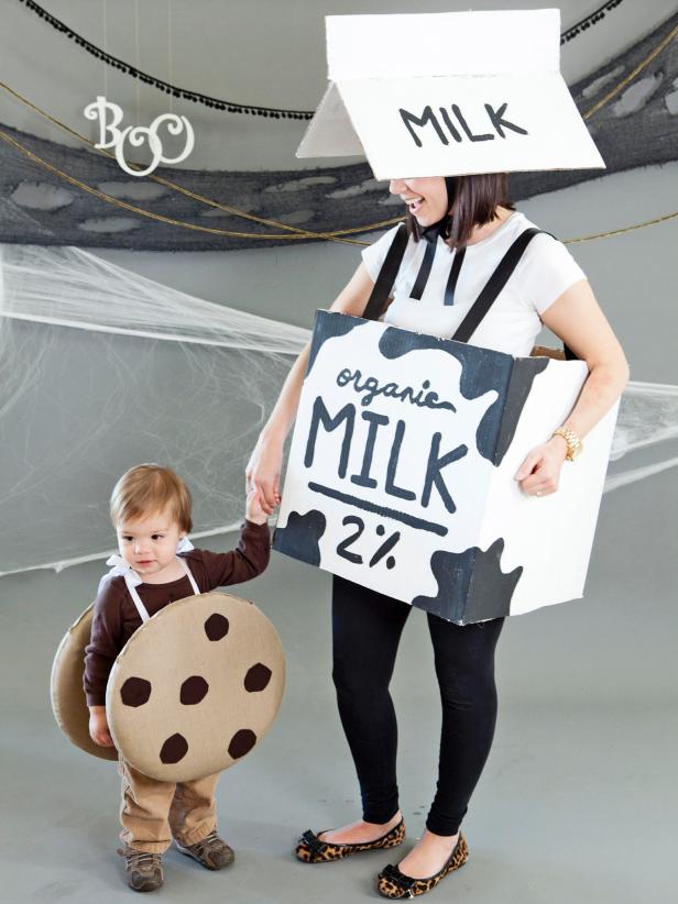 Woman Dressed Up as Milk Carton and Baby as Chocolate Chip Cookie