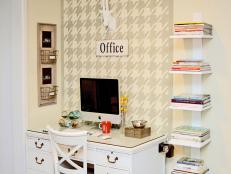 Neutral Home Office With Houndstooth Wall, White Desk and Open Shelving