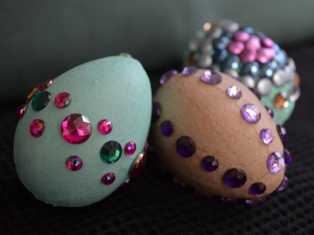easter eggs decorated with rhinestones and thumbtacks