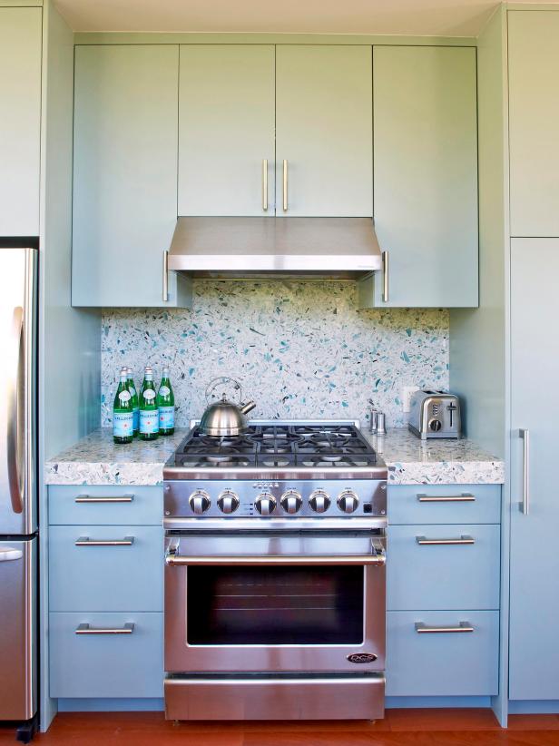 Terrazzo Backsplash in Kitchen With Blue Cabinets 
