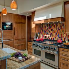 Contemporary Kitchen With Multicolor Glass Tile Backsplash