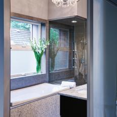 Modern Gray Bathroom with Tiled Bathtub and Glass-Enclosed Walk-In Shower